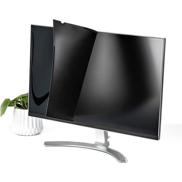 A StarTech.com Monitor Privacy Screen for 19" Display - Widescreen Computer Monitor Security Filter - Blue Light Reducing Screen Protector with a black screen protected by a privacy screen.