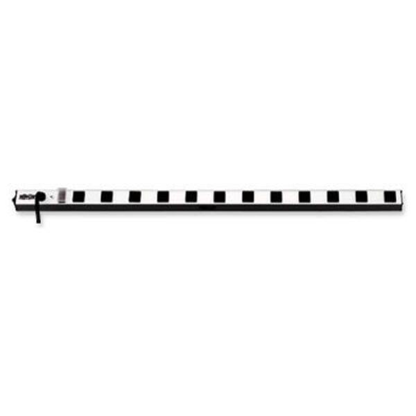 A Tripp Lite Power Strip 120V 5-15R 12 Outlet 15' Cord Vertical Metal 0URM with a black and white stripe.