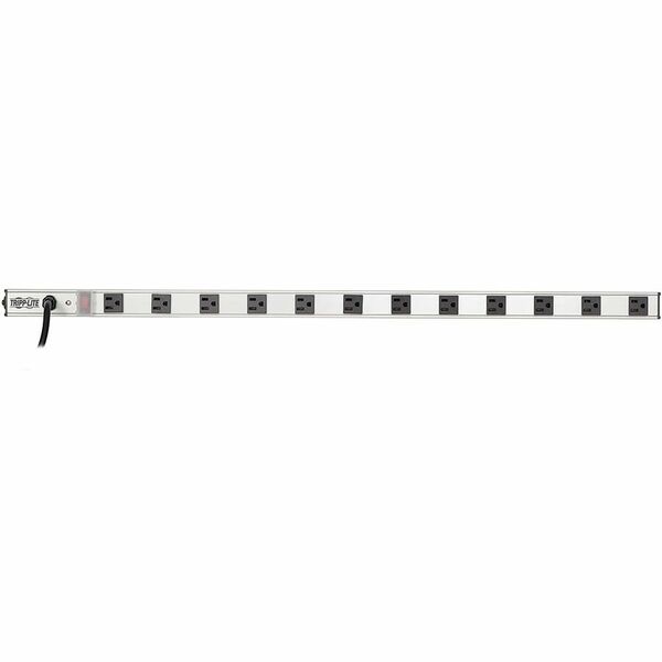 A Tripp Lite Power Strip 120V 5-15R 12 Outlet 15' Cord Vertical Metal 0URM with a black and white stripe.