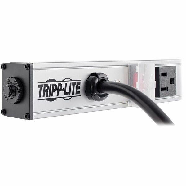 A Tripp Lite Power Strip 120V 5-15R 12 Outlet 15' Cord Vertical Metal 0URM with a black and white stripe.