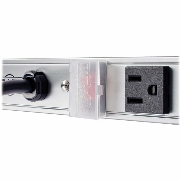 A Tripp Lite Power Strip 120V 5-15R 12 Outlet 15' Cord Vertical Metal 0URM with a black and white stripe.
