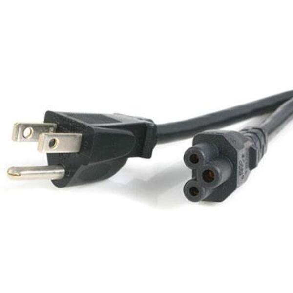 A StarTech.com 10ft (3m) Laptop Power Cord, NEMA 5-15P to C5 (Clover Leaf), 10A 125V, 18AWG, Laptop Replacement Cord, Power Brick Cable with two plugs on a white background.