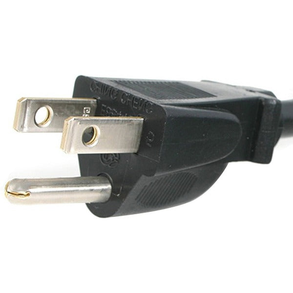 A StarTech.com 10ft (3m) Laptop Power Cord, NEMA 5-15P to C5 (Clover Leaf), 10A 125V, 18AWG, Laptop Replacement Cord, Power Brick Cable with two plugs on a white background.