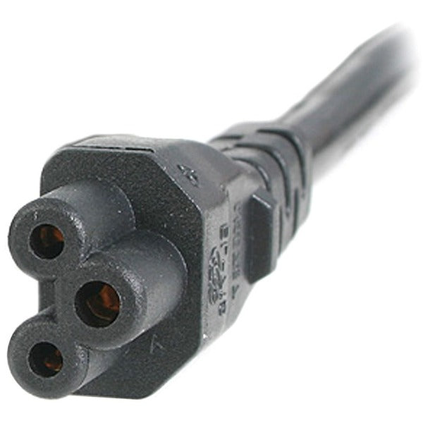 A StarTech.com 10ft (3m) Laptop Power Cord, NEMA 5-15P to C5 (Clover Leaf), 10A 125V, 18AWG, Laptop Replacement Cord, Power Brick Cable with two plugs on a white background.