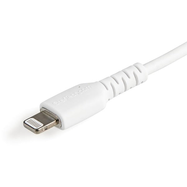 A StarTech.com 12inch/30cm Durable White USB-A to Lightning Cable, Rugged Heavy Duty Charging/Sync Cable for Apple iPhone/iPad MFi Certified on a white surface.