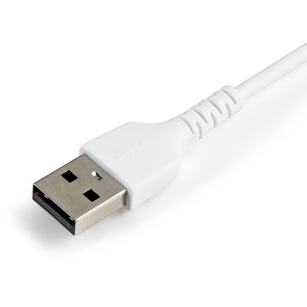 A StarTech.com 12inch/30cm Durable White USB-A to Lightning Cable, Rugged Heavy Duty Charging/Sync Cable for Apple iPhone/iPad MFi Certified on a white surface.
