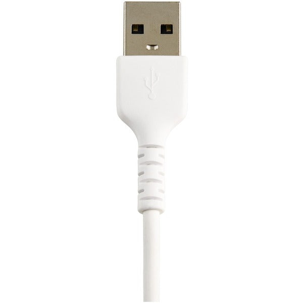 A StarTech.com 12inch/30cm Durable White USB-A to Lightning Cable, Rugged Heavy Duty Charging/Sync Cable for Apple iPhone/iPad MFi Certified on a white surface.