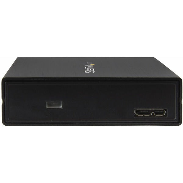 The back of a black StarTech.com 2.5" USB-C Hard Drive Enclosure - USB 3.1 Type C - with USB-C and USB-A Cable - USB 3.0 HDD Enclosure with a usb port.
