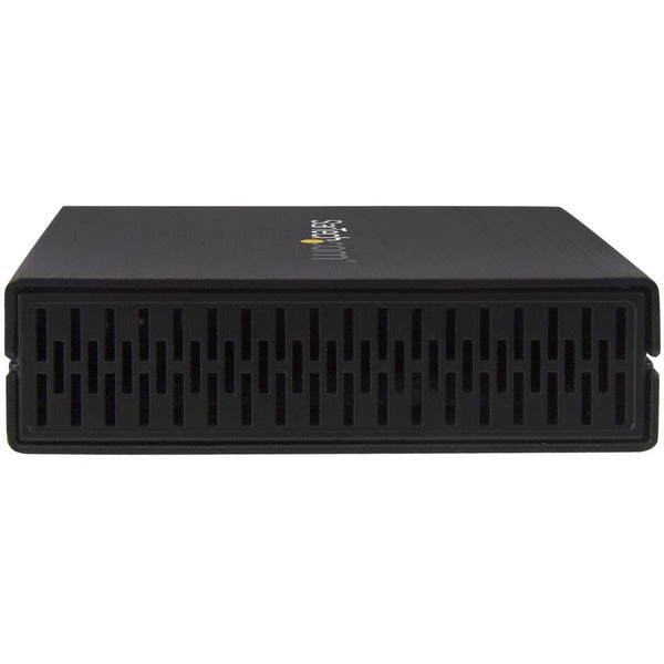 The back of a black StarTech.com 2.5" USB-C Hard Drive Enclosure - USB 3.1 Type C - with USB-C and USB-A Cable - USB 3.0 HDD Enclosure with a usb port.