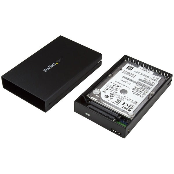 The back of a black StarTech.com 2.5" USB-C Hard Drive Enclosure - USB 3.1 Type C - with USB-C and USB-A Cable - USB 3.0 HDD Enclosure with a usb port.