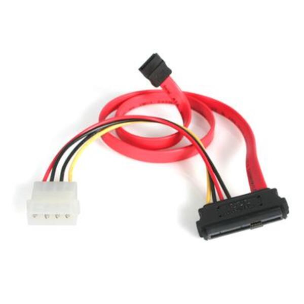 A red and black StarTech.com S18in SAS 29 Pin to SATA Cable with LP4 Power.