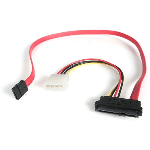 A red and black StarTech.com S18in SAS 29 Pin to SATA Cable with LP4 Power.
