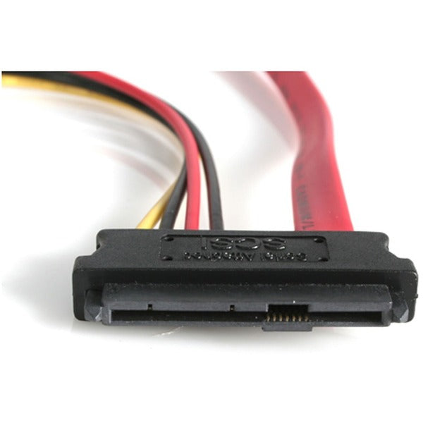 A red and black StarTech.com S18in SAS 29 Pin to SATA Cable with LP4 Power.