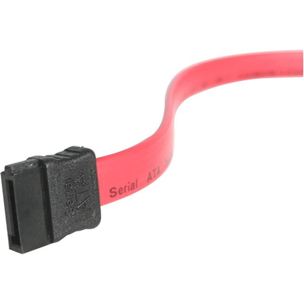 A red and black StarTech.com S18in SAS 29 Pin to SATA Cable with LP4 Power.