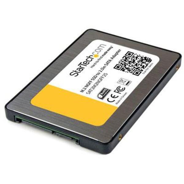 A StarTech.com M.2 SSD to 2.5in SATA III Adapter - M.2 Solid State Drive Converter with Protective Housing on a white background.