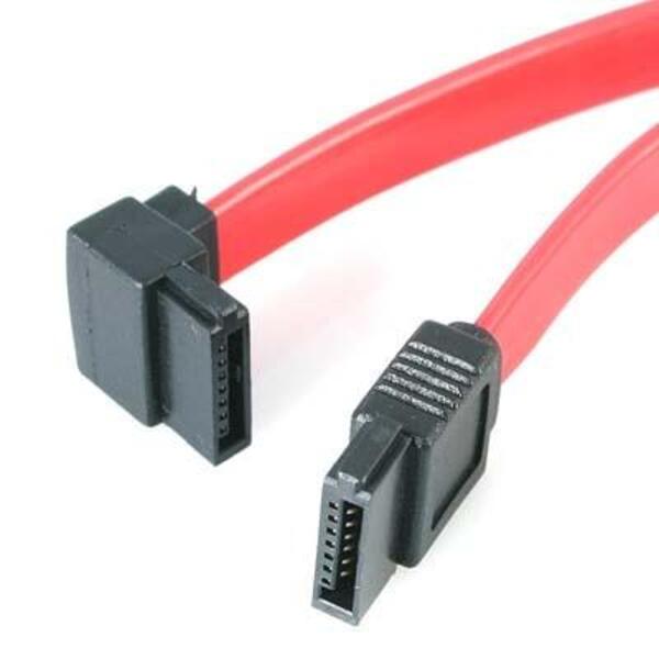 A red and black StarTech.com 18in SATA to Left Angle SATA Serial ATA Cable on a white background.