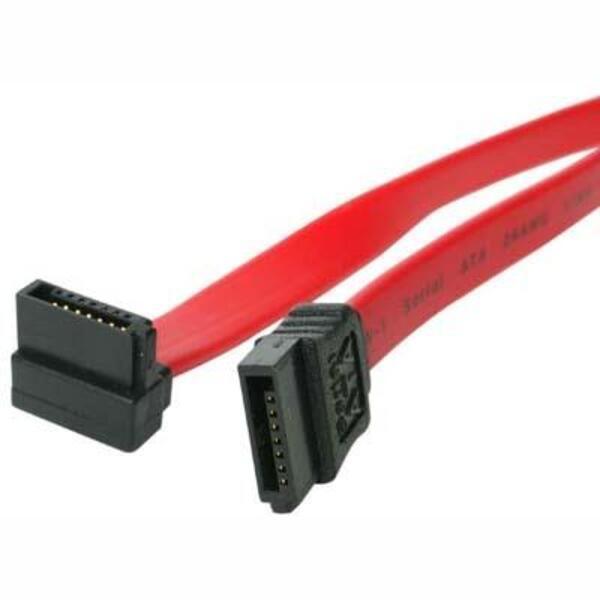 A red and black StarTech.com 18in SATA to Right Angle SATA Serial ATA Cable.