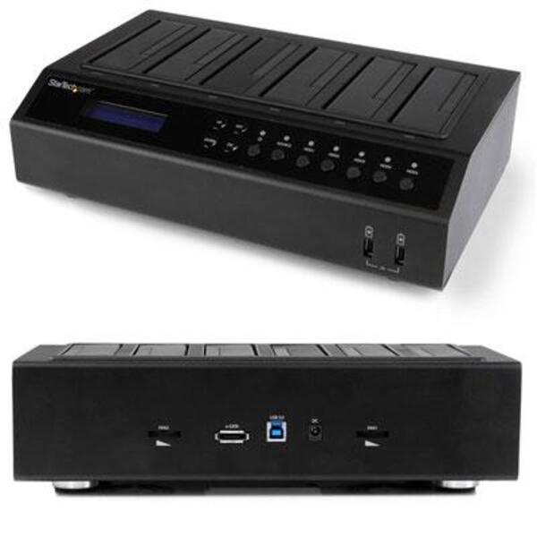A black StarTech.com USB 3.0 / eSATA 6-Bay Hard Drive Duplicator Dock - 1:5 HDD / SSD Cloner and Eraser with a USB port and SATA drive.