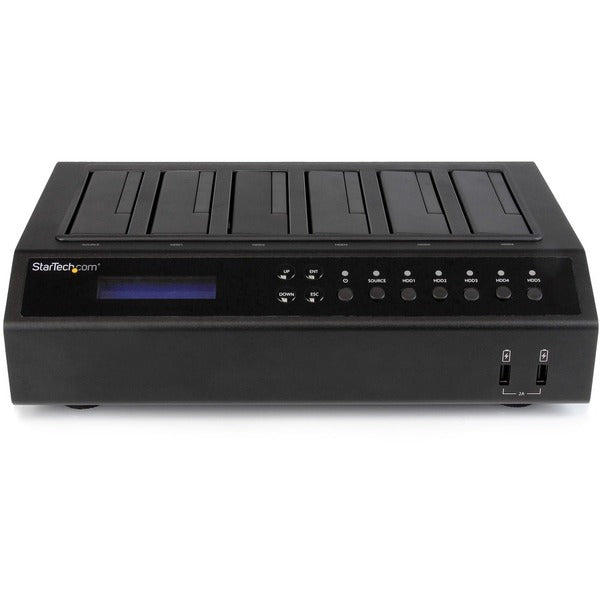 A black StarTech.com USB 3.0 / eSATA 6-Bay Hard Drive Duplicator Dock - 1:5 HDD / SSD Cloner and Eraser with a USB port and SATA drive.