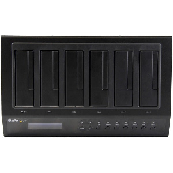 A black StarTech.com USB 3.0 / eSATA 6-Bay Hard Drive Duplicator Dock - 1:5 HDD / SSD Cloner and Eraser with a USB port and SATA drive.