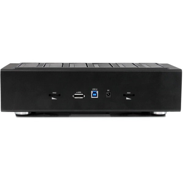 A black StarTech.com USB 3.0 / eSATA 6-Bay Hard Drive Duplicator Dock - 1:5 HDD / SSD Cloner and Eraser with a USB port and SATA drive.