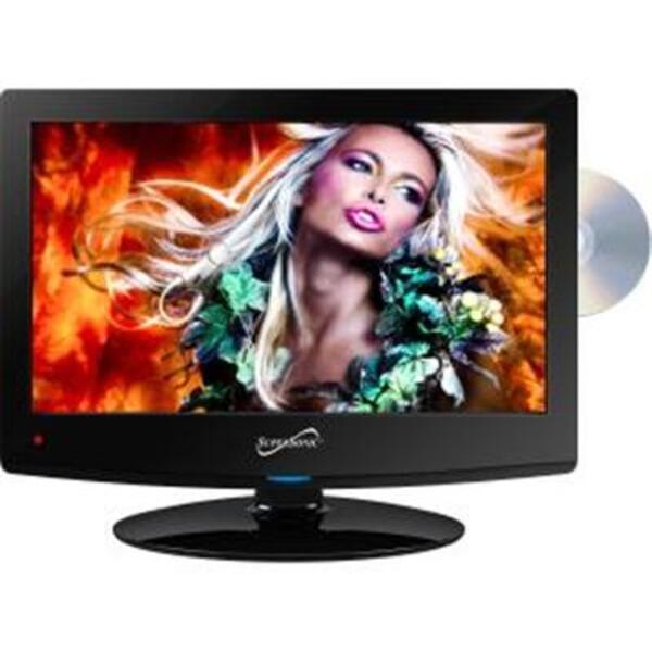 A Supersonic SC-1512 15" TV/DVD Combo - HDTV - 16:9 - 1440 x 900 - 720p monitor with a woman on it.