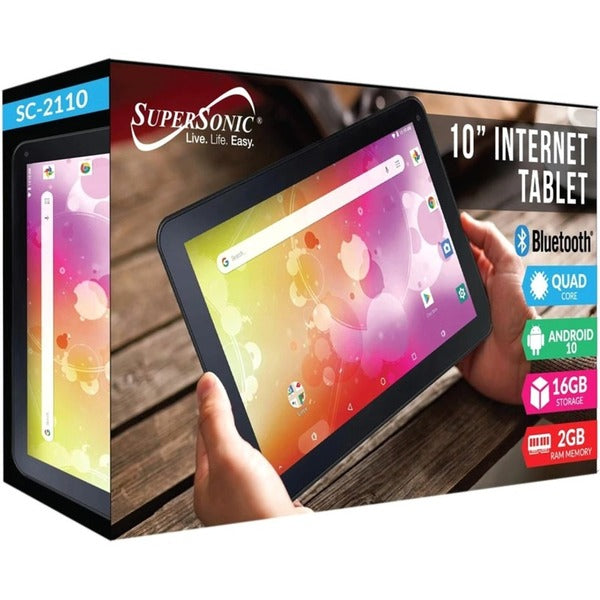 A Supersonic SC-2110 Tablet - 10.1" - Cortex A35 Quad-core (4 Core) 1.50 GHz - 2 GB RAM - 16 GB Storage - Android 10 - Black with a colorful background.