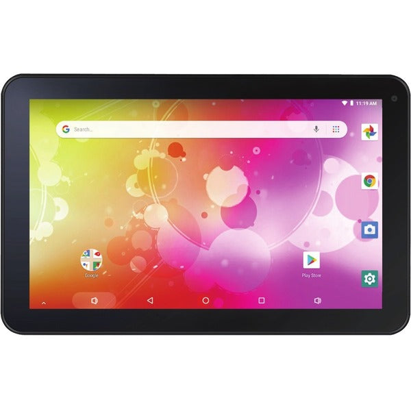 A Supersonic SC-2110 Tablet - 10.1" - Cortex A35 Quad-core (4 Core) 1.50 GHz - 2 GB RAM - 16 GB Storage - Android 10 - Black with a colorful background.