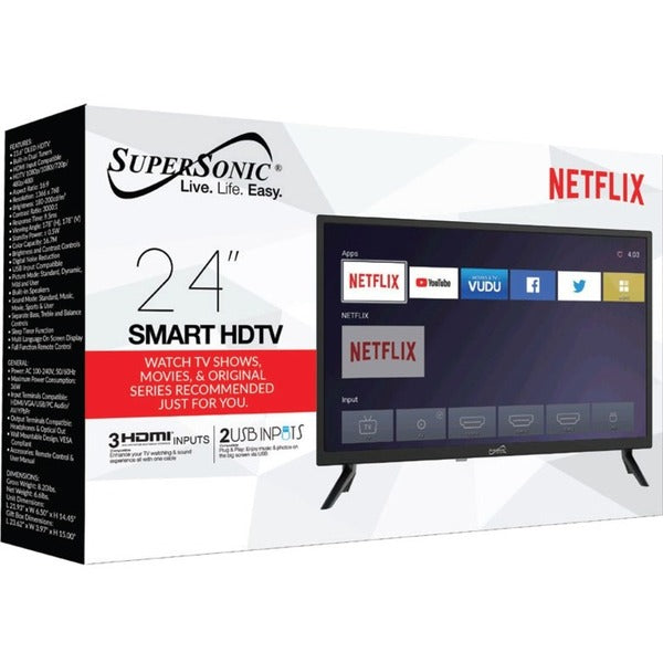 The Supersonic SC-2416STV 24" Smart LED-LCD TV - HDTV - Black on a white background.