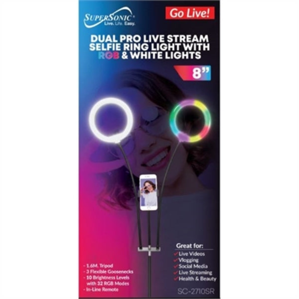 A photo of a woman with a Supersonic PRO Live Stream Video Light in a package.