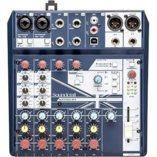 A blue Soundcraft Notepad-8FX Small-format Analog Mixing Console with USB I/O and Lexicon Effects with buttons and knobs.