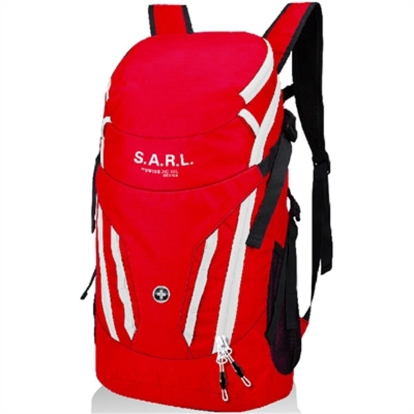 A red Swissdigital Design Carrying Case (Backpack) for 15.6" Notebook with the word sarl on it.