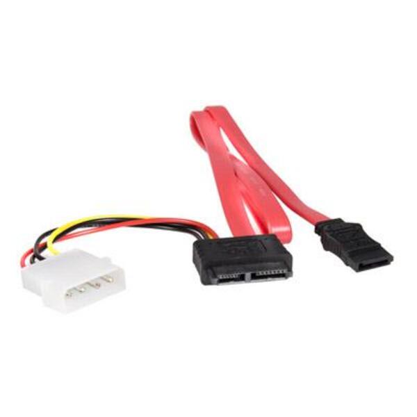 A StarTech.com 20in Slimline SATA to SATA with LP4 Power Cable Adapter hdd sata cable with a red connector.