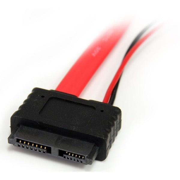 A StarTech.com 20in Slimline SATA to SATA with LP4 Power Cable Adapter hdd sata cable with a red connector.