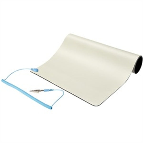 A StarTech.com 11x18in Anti Static Mat, ESD Mat for Electronics Repair on Tables or Desks, Flexible Work Pad, Detachable Grounding Wire with a blue cord attached to it.