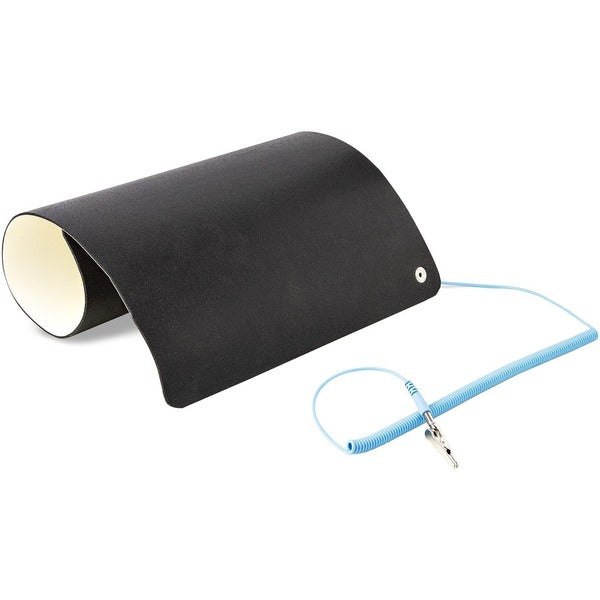 A StarTech.com 11x18in Anti Static Mat, ESD Mat for Electronics Repair on Tables or Desks, Flexible Work Pad, Detachable Grounding Wire with a blue cord attached to it.