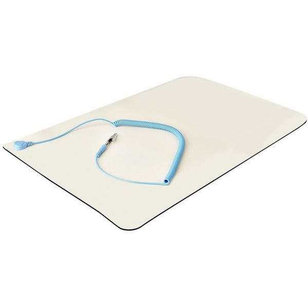 A StarTech.com 11x18in Anti Static Mat, ESD Mat for Electronics Repair on Tables or Desks, Flexible Work Pad, Detachable Grounding Wire with a blue cord attached to it.