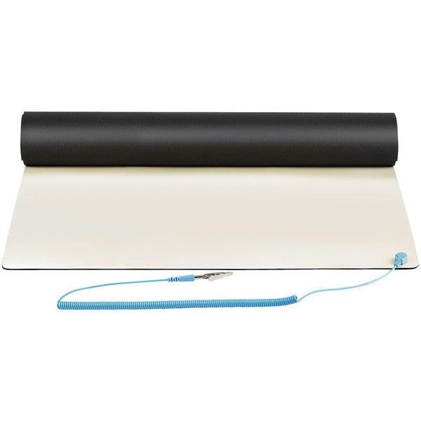 A StarTech.com 11x18in Anti Static Mat, ESD Mat for Electronics Repair on Tables or Desks, Flexible Work Pad, Detachable Grounding Wire with a blue cord attached to it.