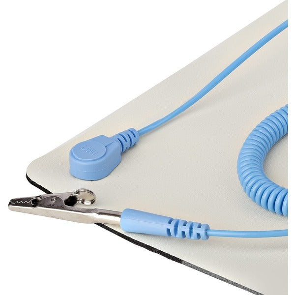 A StarTech.com 11x18in Anti Static Mat, ESD Mat for Electronics Repair on Tables or Desks, Flexible Work Pad, Detachable Grounding Wire with a blue cord attached to it.