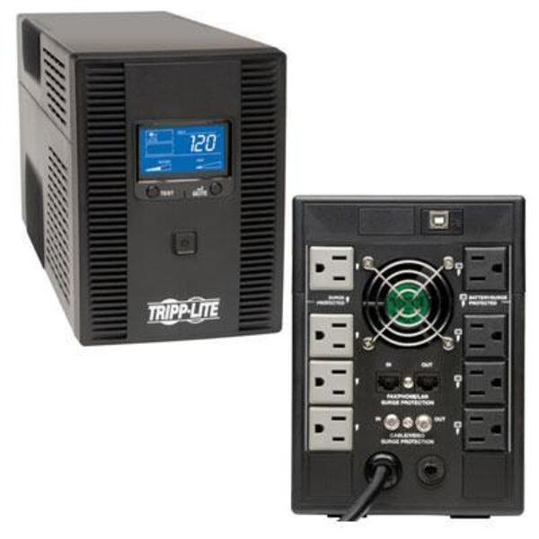 A Tripp Lite UPS Smart 1300VA 720W Tower Battery Back Up LCD Back Up AVR Coax RJ45 USB with a remote control.