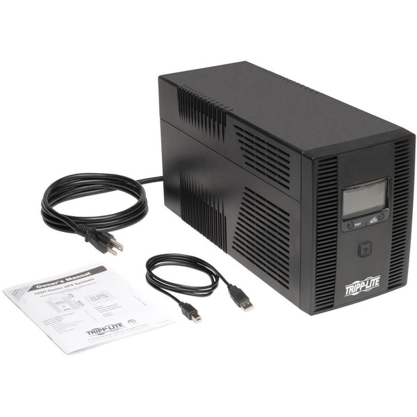 A Tripp Lite UPS Smart 1300VA 720W Tower Battery Back Up LCD Back Up AVR Coax RJ45 USB with a remote control.