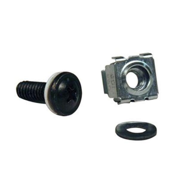 A black Tripp Lite Rack Enclosure Cabinet Square Hole Hardware Kit screw and a washer on a white background in a square hole rack enclosure.