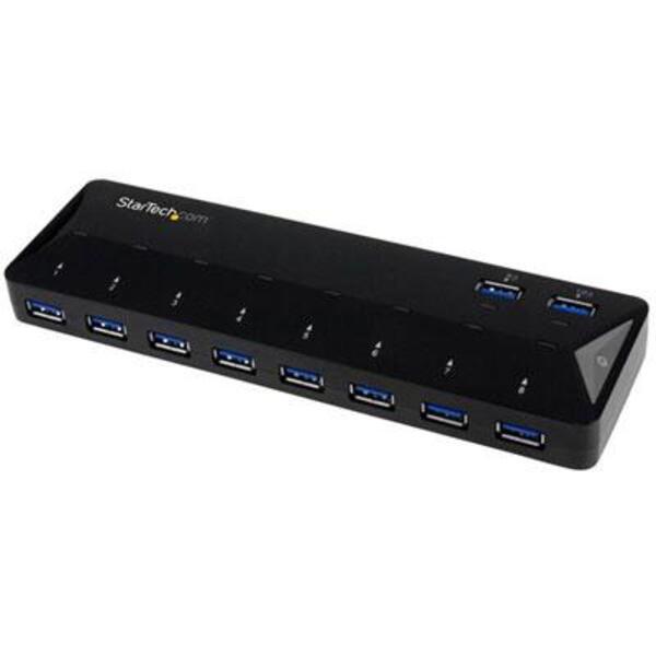 A black StarTech.com 10-Port USB 3.0 Hub with Charge and Sync Ports - 2 x 1.5A Ports - Desktop USB Hub and Fast-Charging Station with six usb ports.