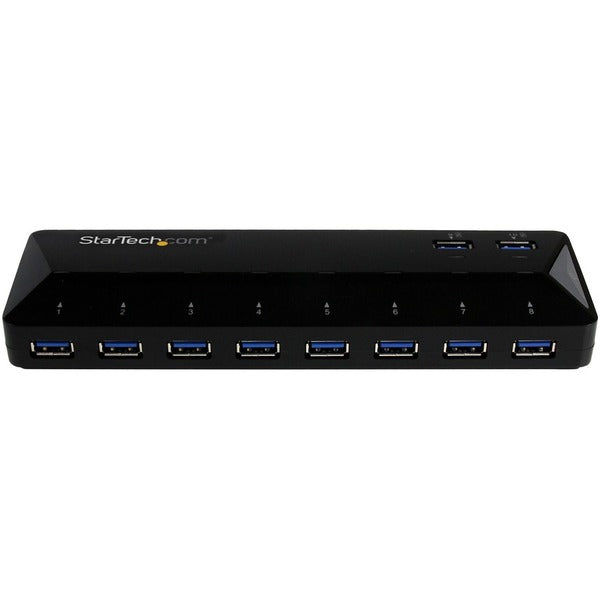 A black StarTech.com 10-Port USB 3.0 Hub with Charge and Sync Ports - 2 x 1.5A Ports - Desktop USB Hub and Fast-Charging Station with six usb ports.