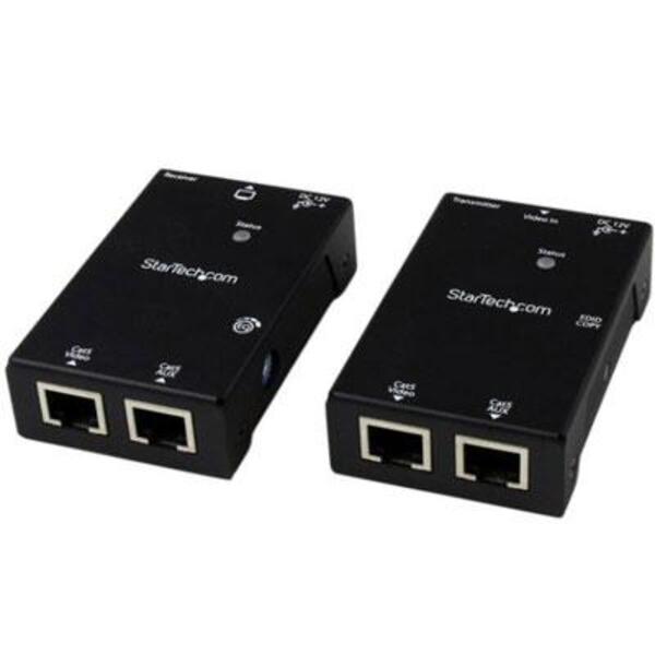 Two StarTech.com HDMI Over CAT5e/CAT6 Extenders with Power Over Cable - 165 ft (50m) on a white background.