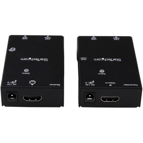 Two StarTech.com HDMI Over CAT5e/CAT6 Extenders with Power Over Cable - 165 ft (50m) on a white background.
