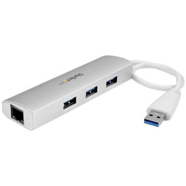 A StarTech.com 3 Port Portable USB 3.0 Hub plus Gigabit Ethernet - Built-In Cable - Aluminum USB Hub with GbE Adapter on a white background.