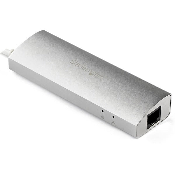 A StarTech.com 3 Port Portable USB 3.0 Hub plus Gigabit Ethernet - Built-In Cable - Aluminum USB Hub with GbE Adapter on a white background.
