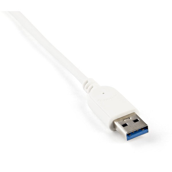 A StarTech.com 3 Port Portable USB 3.0 Hub plus Gigabit Ethernet - Built-In Cable - Aluminum USB Hub with GbE Adapter on a white background.