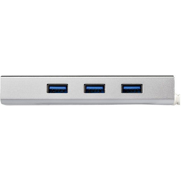 A StarTech.com 3 Port Portable USB 3.0 Hub plus Gigabit Ethernet - Built-In Cable - Aluminum USB Hub with GbE Adapter on a white background.